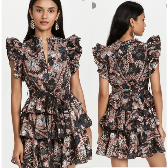 Ulla Johnson Honoria Abstract Floral Ruffle Mini Dress Blush/Black Womens Size 2